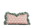 Blush floral lumbar pillow with teal contrast ruffle trim hand-sewn in Charlotte North Carolina