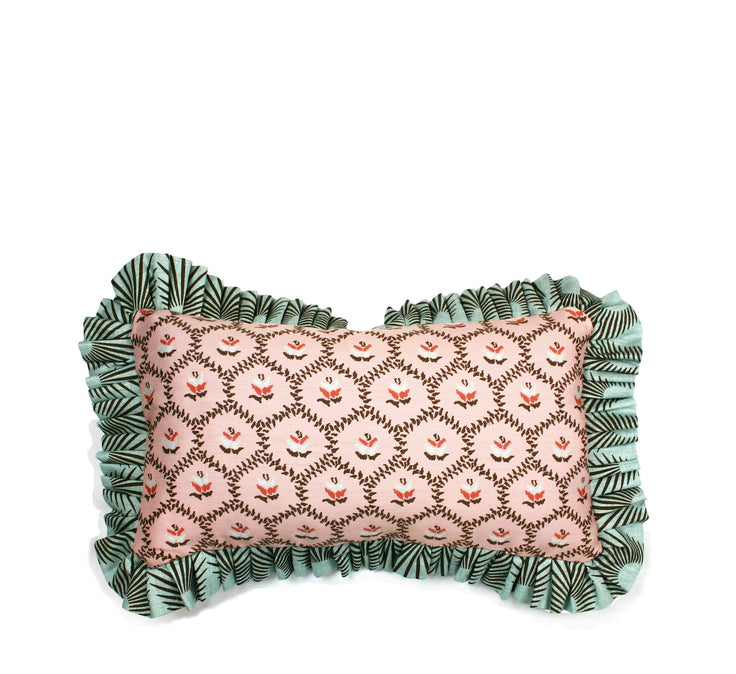Blush floral lumbar pillow with teal contrast ruffle trim hand-sewn in Charlotte North Carolina