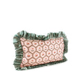 Blush floral lumbar pillow with teal contrast ruffle trim side view hand-sewn in Charlotte North Carolina