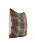 Rust and blue plaid decorative throw pillow with leather welt and woven neutral reverse side view hand-sewn in Charlotte North Carolina