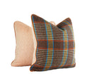 Rust and blue plaid decorative throw pillow with leather welt and woven neutral reverse side view and back hand-sewn in Charlotte North Carolina