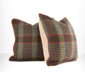 Rust and blue plaid decorative throw pillow with leather welt and woven neutral reverse side view of pair hand-sewn in Charlotte North Carolina