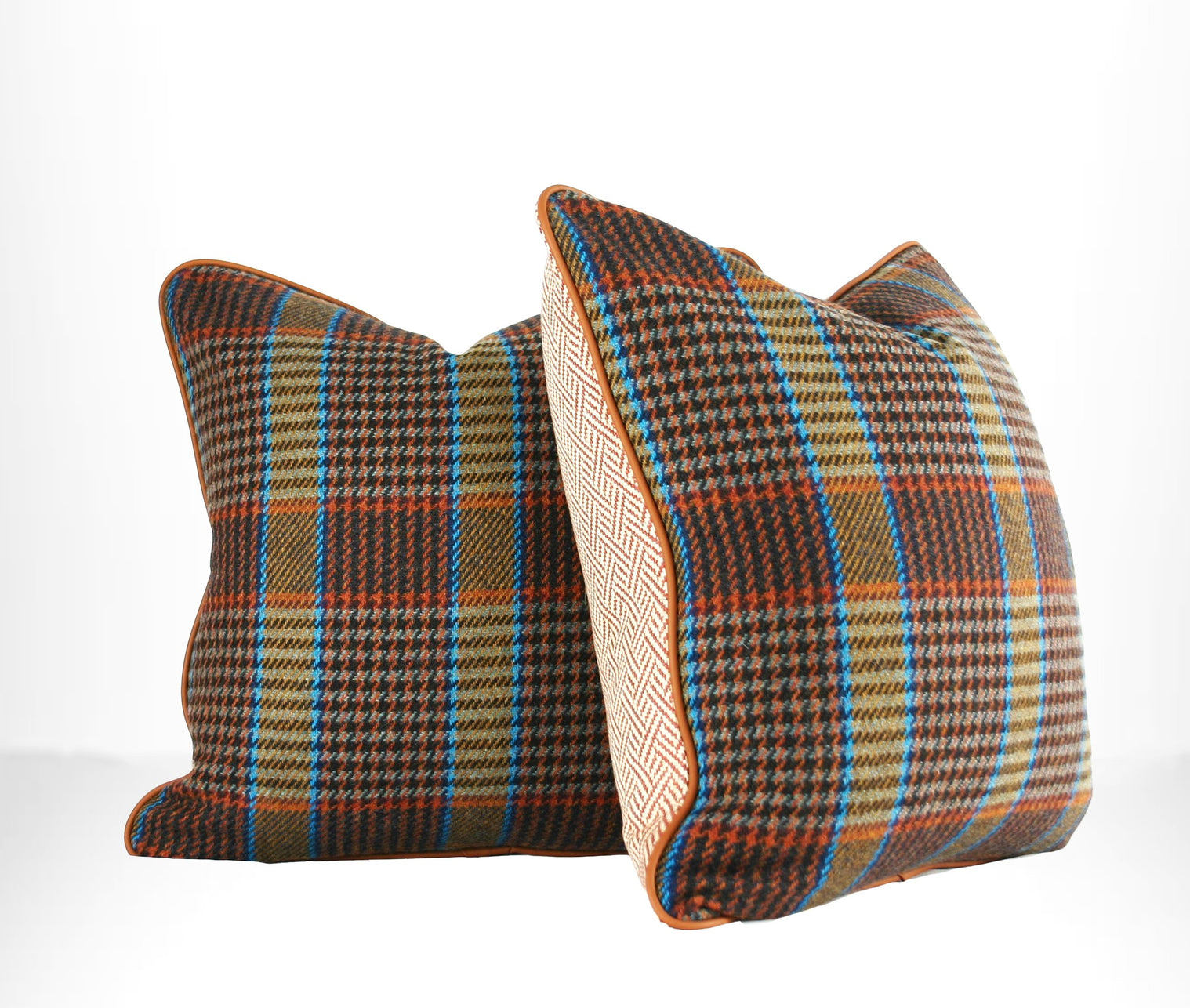 Rust and blue plaid decorative throw pillow with leather welt and woven neutral reverse side view of pair hand-sewn in Charlotte North Carolina