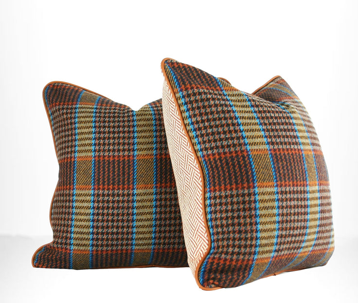 Rust & Blue Plaid Decorative Throw Pillow with Leather Welt