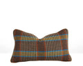 Rust and blue plaid decorative lumbar pillow with leather welt and woven neutral reverse hand-sewn in Charlotte North Carolina
