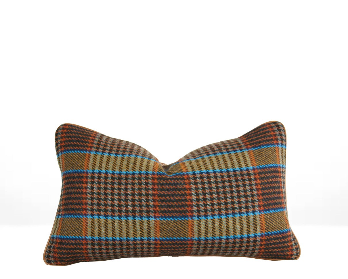 Rust and blue plaid decorative lumbar pillow with leather welt and woven neutral reverse hand-sewn in Charlotte North Carolina