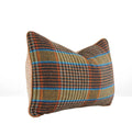 Rust and blue plaid decorative lumbar pillow with leather welt and woven neutral reverse side view hand-sewn in Charlotte North Carolina
