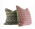 Green chevron tapestry decorative throw pillow with plum floral reverse and contrast leather welt back view hand-sewn in Charlotte North Carolina