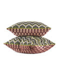 Green chevron woven decorative lumbar pillow with plum floral reverse and contrast leather welt side view hand-sewn in Charlotte North Carolina