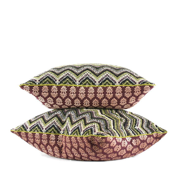 Green chevron woven decorative lumbar pillow with plum floral reverse and contrast leather welt side view hand-sewn in Charlotte North Carolina