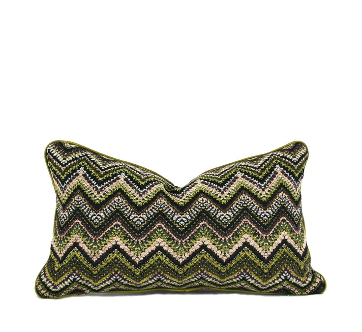 Green chevron woven decorative lumbar pillow with plum floral reverse and contrast leather welt hand-sewn in Charlotte North Carolina