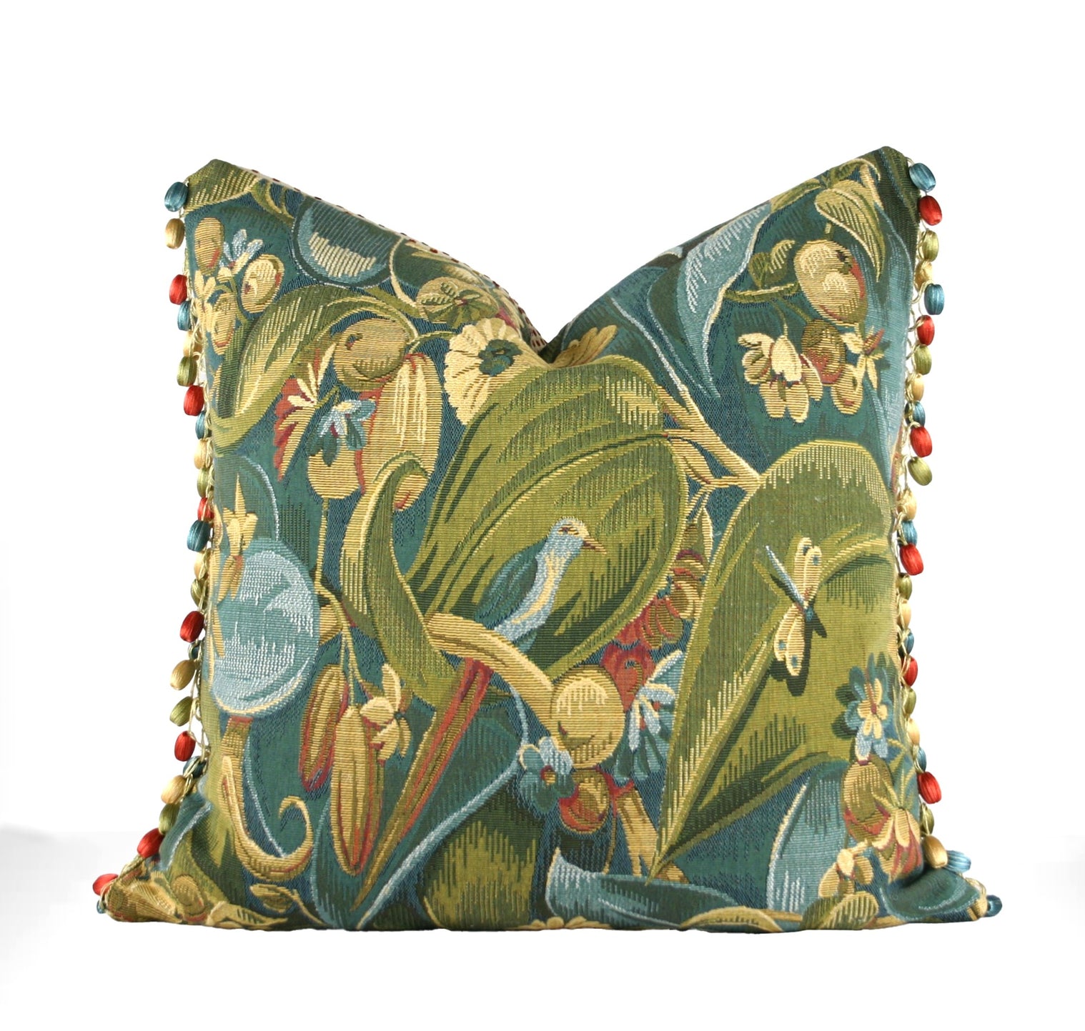 Green botanical tapestry decorative throw pillow with bird and floral motif and multicolor beaded trim hand-sewn in Charlotte North Carolina