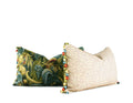 Green botanical tapestry decorative throw pillow with bird and floral motif and multicolor beaded trim side and back view hand-sewn in Charlotte North Carolina