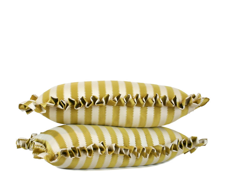 Gold and ivory striped lumbar pillow with ruffle trim hand-sewn decorative accent pillow made in Charlotte North Carolina