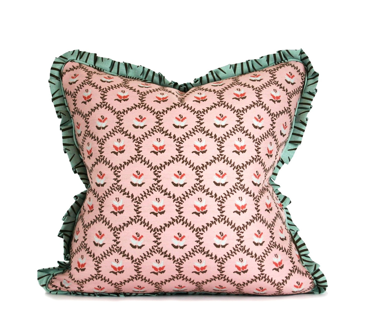Teal Ruffle Throw Blush Floral Decorative Throw Pillow with Teal Welt & Ruffle | Liz ...